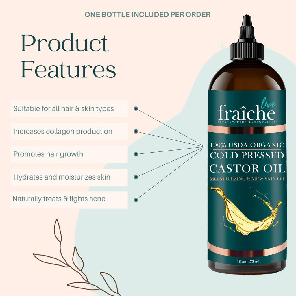Live Fraiche USDA Organic Cold Pressed Castor Oil (16oz), 100% Pure, Hexane-Free Castor Oil