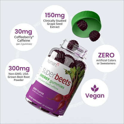humanN SuperBeets Energy Gummies - Quick Energy & Mental Focus - Help Increase Nitric