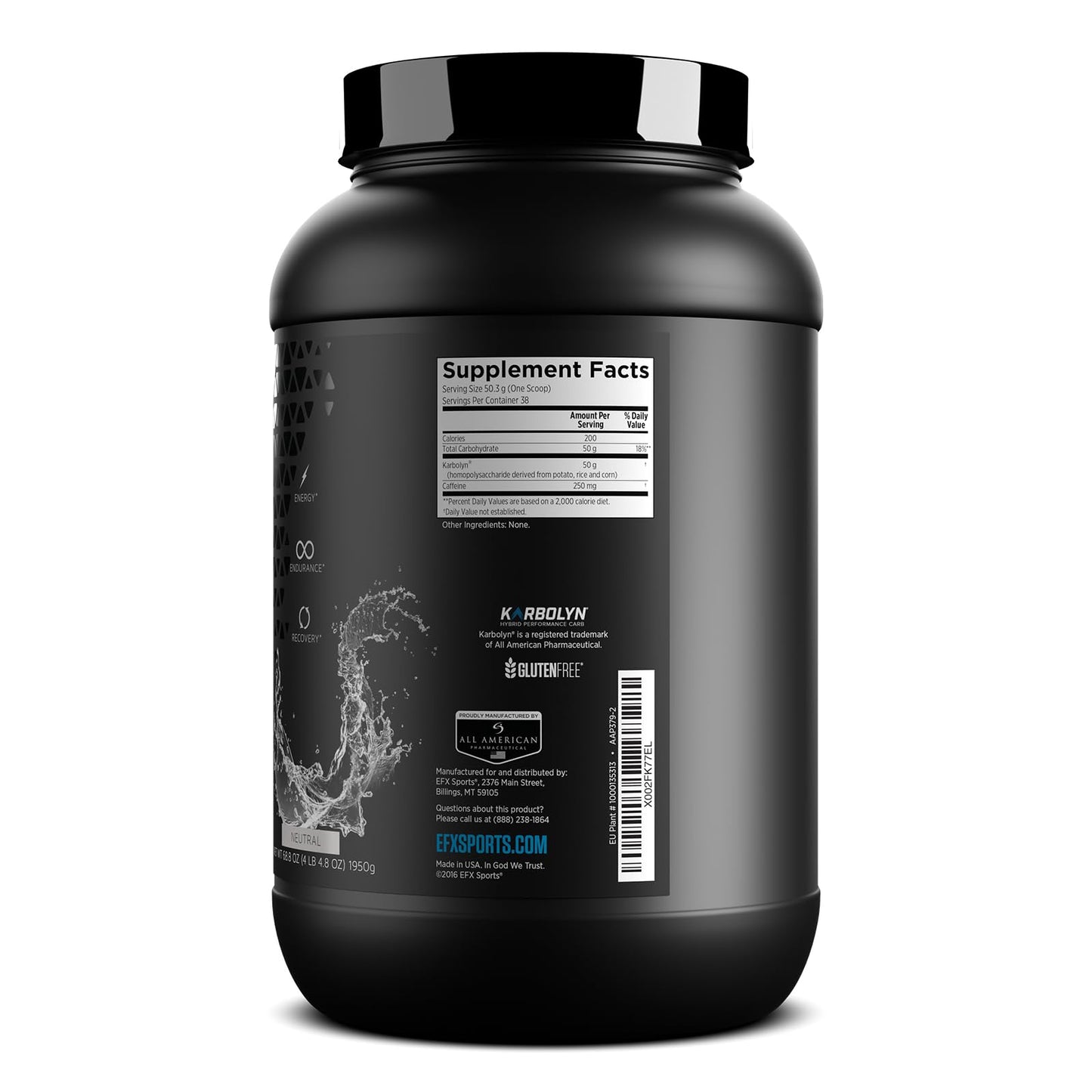 EFX Sports Karbolyn Energy | Performance Carbohydrate Powder + Caffeine | Carb Load & Energize | 250mg Caffeine | Sugar Free | 38 Servings (Neutral)