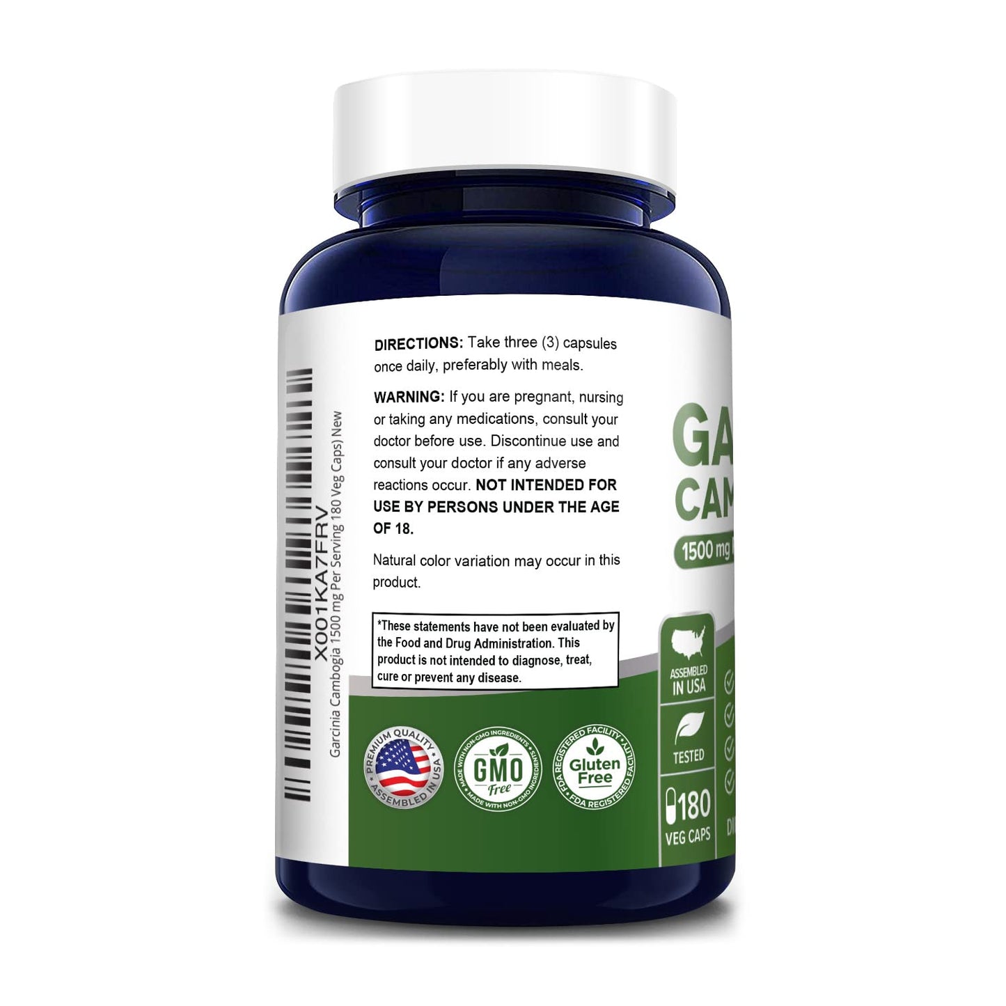 Garcinia Cambogia 180 Veggie Caps 1500mg (Vegetarian, Natural, Non-GMO & Gluten Free)