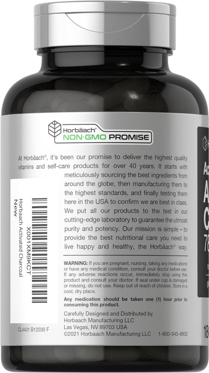 Charcoal Pills 780mg | 180 Capsules | Activated Charcoal from Coconut Shells | Non-GMO