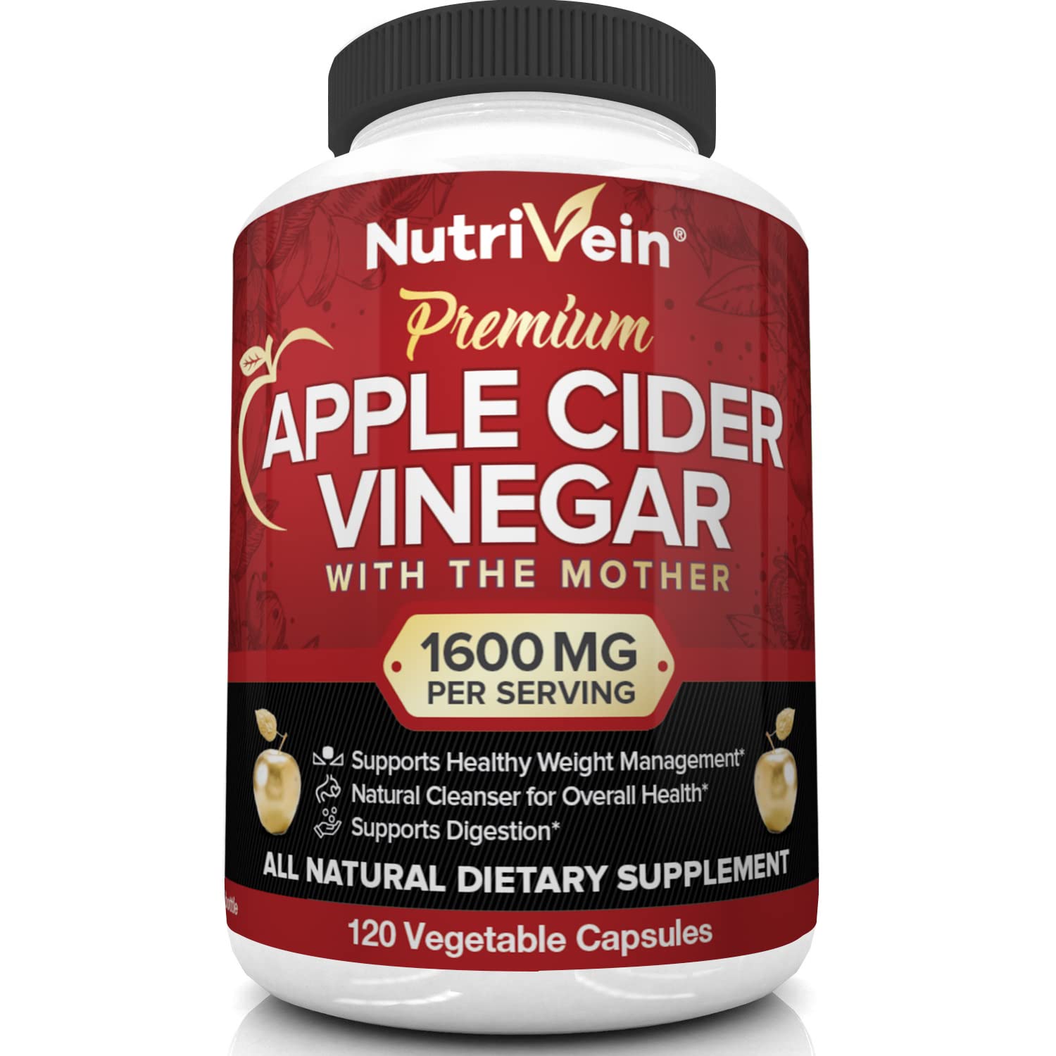 Nutrivein Apple Cider Vinegar Capsules with Mother - 1600mg - 120 Vegan