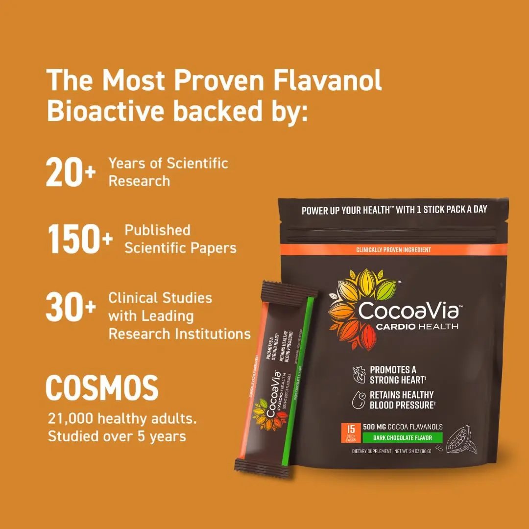 CocoaVia Cardio Health Cocoa Powder, 15 Single Serve Sticks, 500mg Cocoa Flavanols, Support Heart Health, Boost Nitric Oxide, Improve Circulation, Energy, Preworkout, Travel-Friendly, Vegan, Cacao