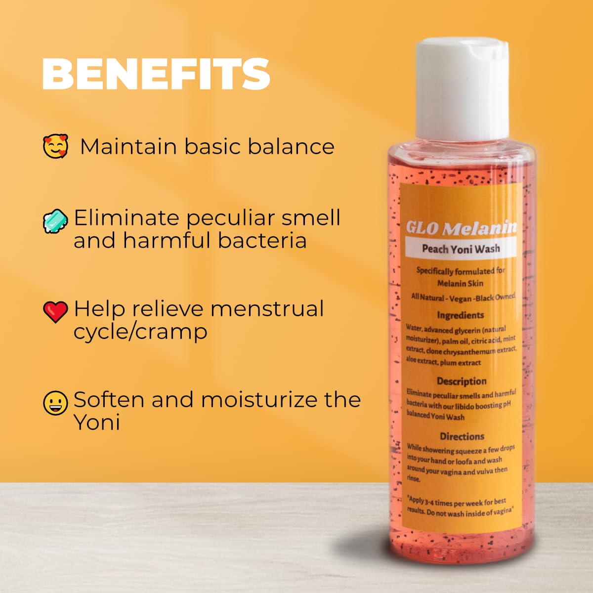 GLO Melanin Peach Yoni Wash with Aloe Vera, All Natural Feminine Wash for Women pH Balance Glo Melanin