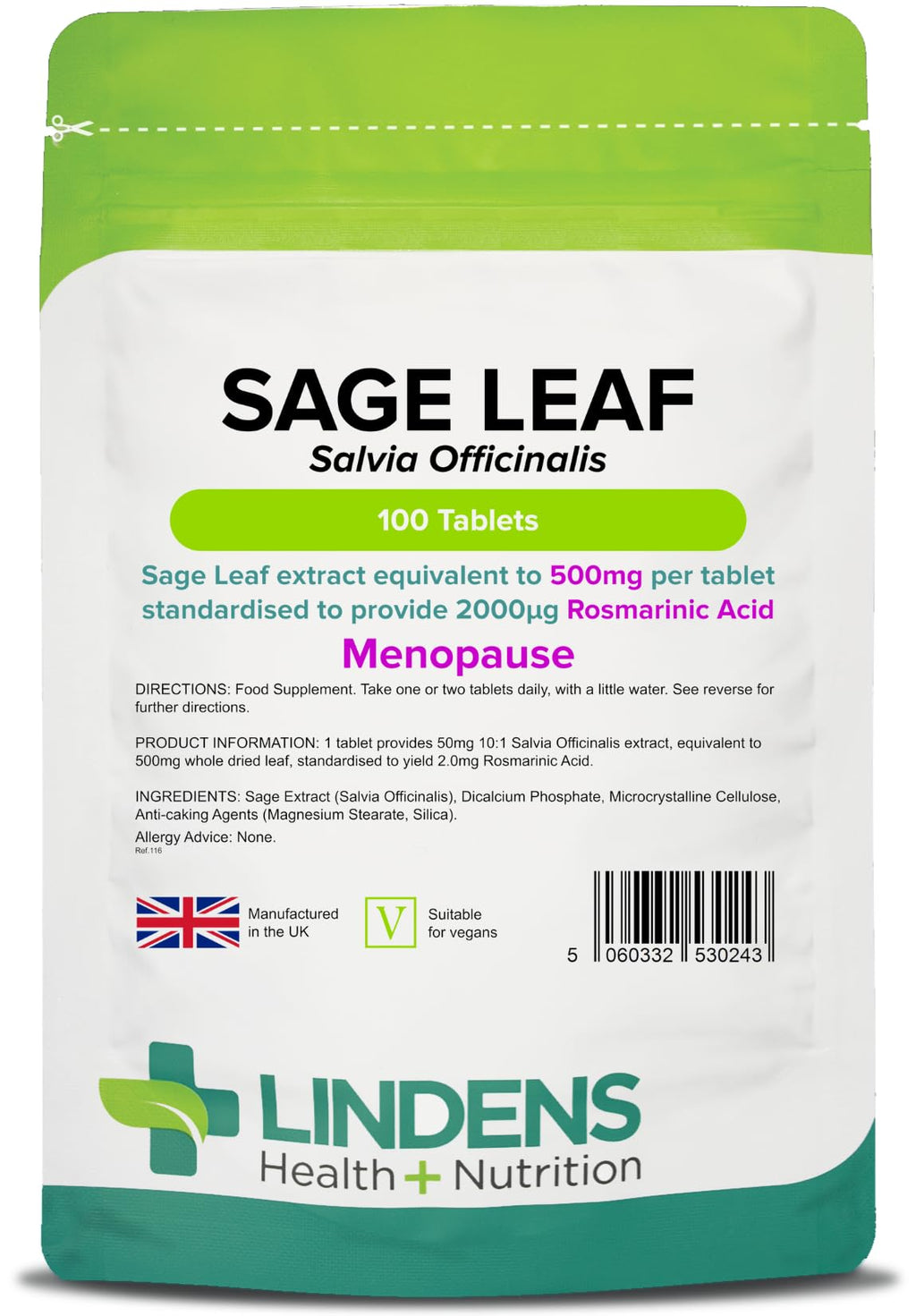 Lindens Sage Leaf 500mg 100 Tablets (Hot Flushes/flashes & Sweats in Menopause)