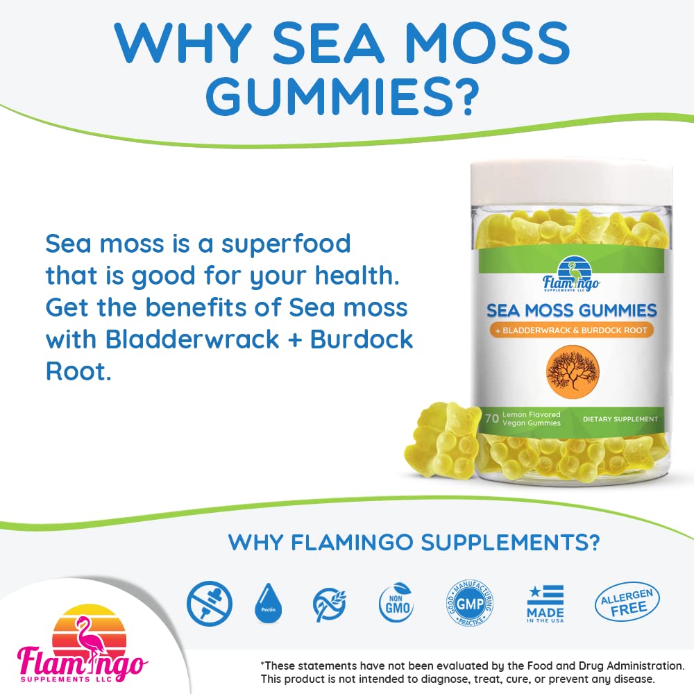 Sea Moss Gummies Plus Organic Bladderwrack and Burdock Root. Tasty Alternative to Sea Flamingo Supplements