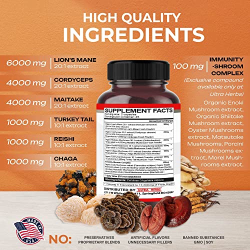 Ultra Mushroom Complex 17200MG Lion's Mane 4000mg Cordyceps 2000mg Maitake ULTRA HERBS