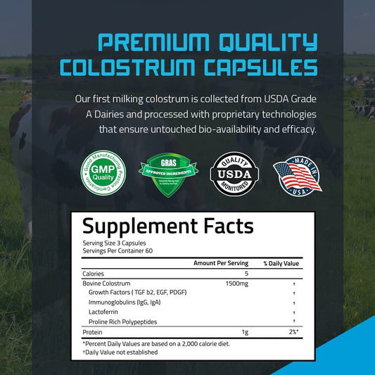 TBR Labs Pure Bovine Colostrum 180 Capsules - Antibiotic and Hormone Free - USA Source