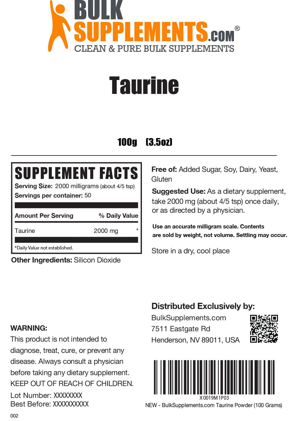 BULKSUPPLEMENTS.COM Taurine Powder - Taurine Supplement, Taurine 2000mg BULKSUPPLEMENTS.COM