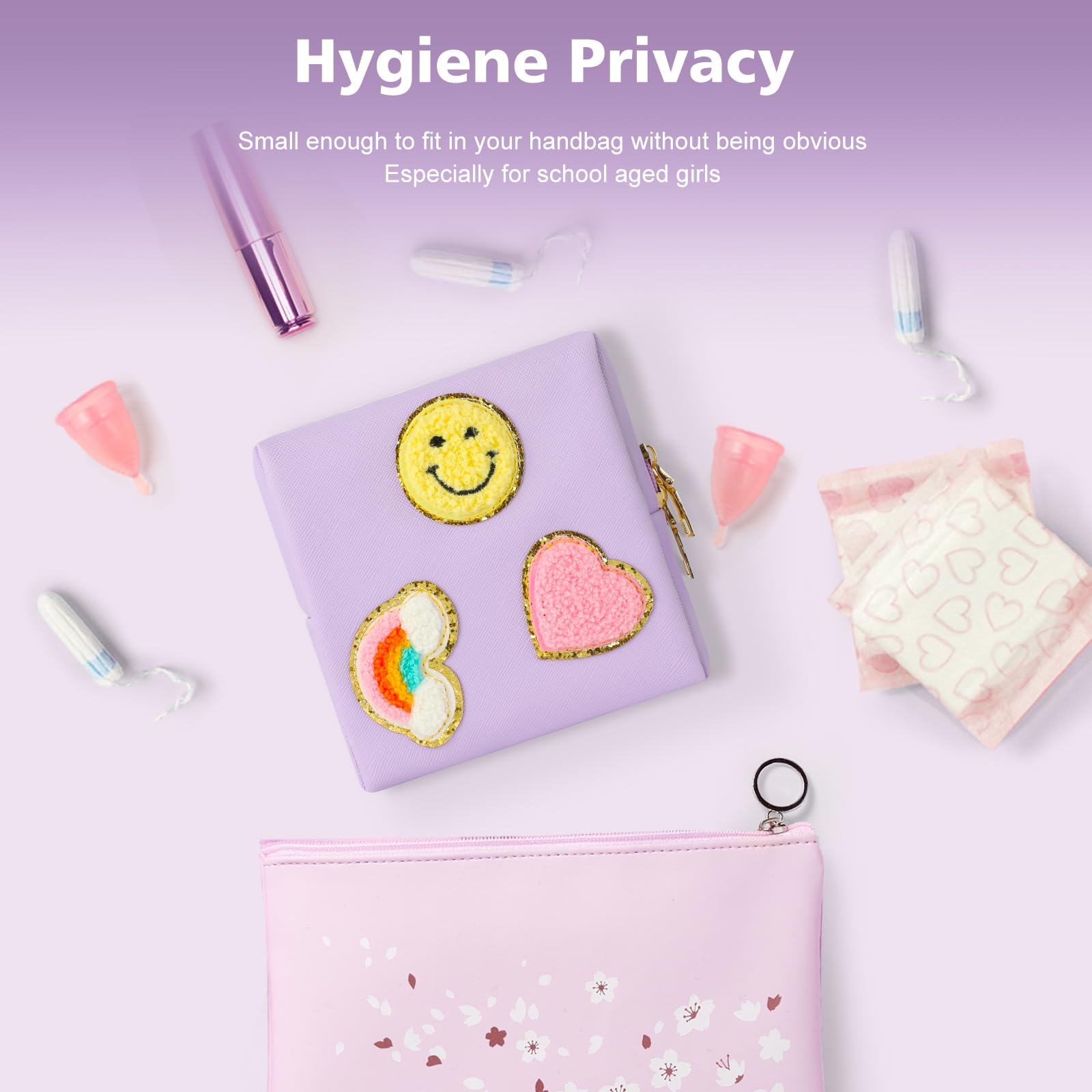 Preppy Patch Period Bag for Teen Aged Girls, Sanitary Napkin Storage Bag, Functional PU Leather Sanitary airogym