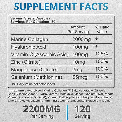Applied vitamin Marine Collagen Capsules 2000mg-Enhance with Hyaluronic Acid, Zinc, Vitamin C & Biotin 120 Applied Vitamin