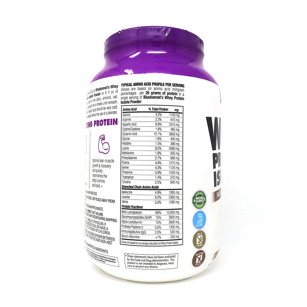 BlueBonnet 100% Natural Whey Protein Isolate Powder, Chocolate, 2 Pound Bluebonnet