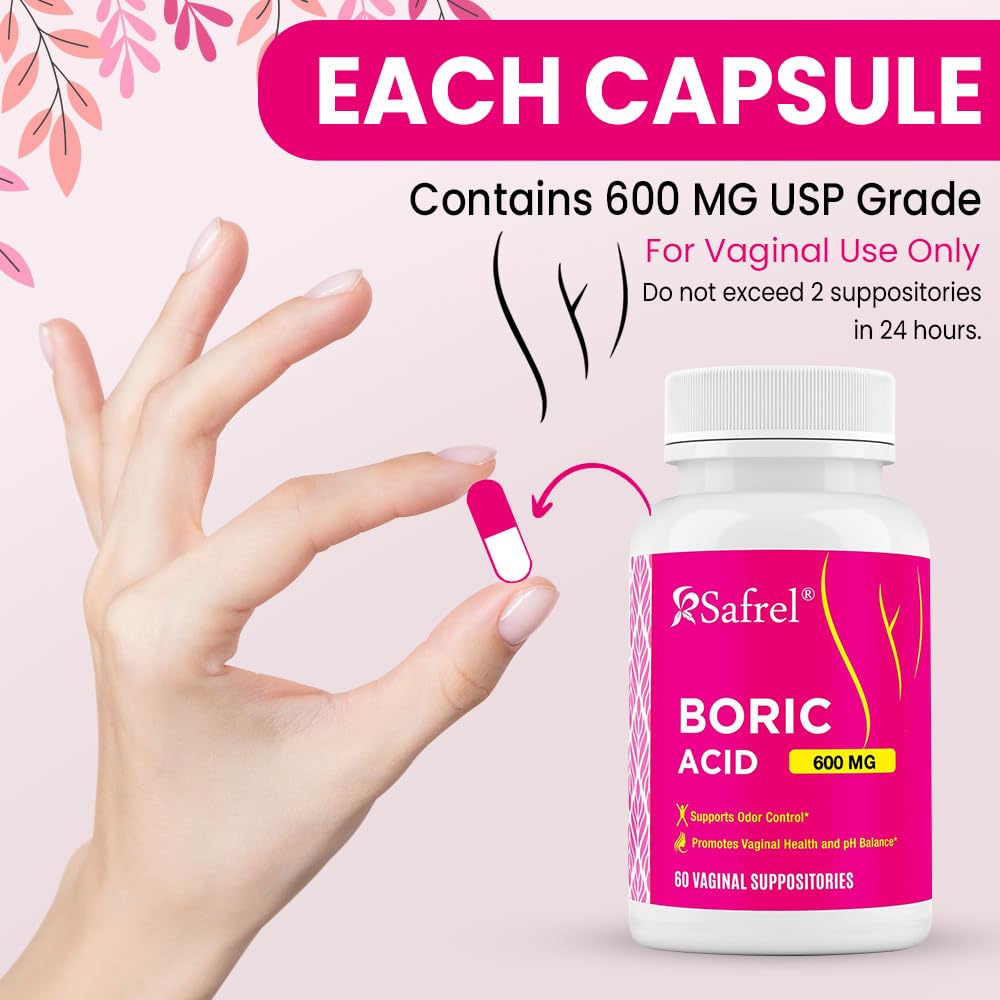 Safrel Boric Acid Vaginal Suppositories - 60 Count (1-Pack) – 100% Pure USA-Made, Supports Intimate Safrel