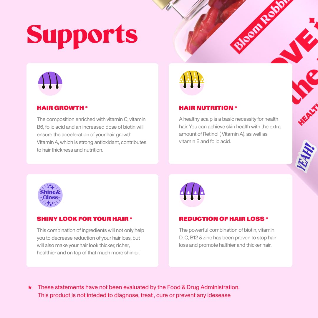 Bloom Robbins 60 Hair Gummies for Faster Hair Growth Vitamins for Women & 5000 MCG Bloom Robbins