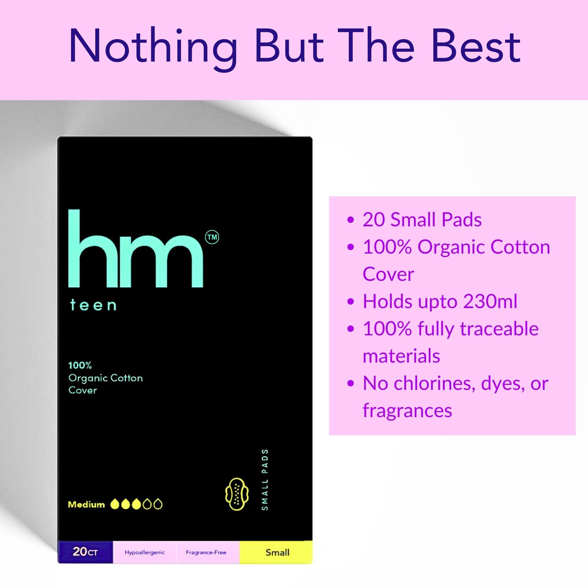 HM Teen | Pads for Teens | 100% Organic Cotton Pad Topsheet | Non Toxic Teen Pads with Wings HM Teen