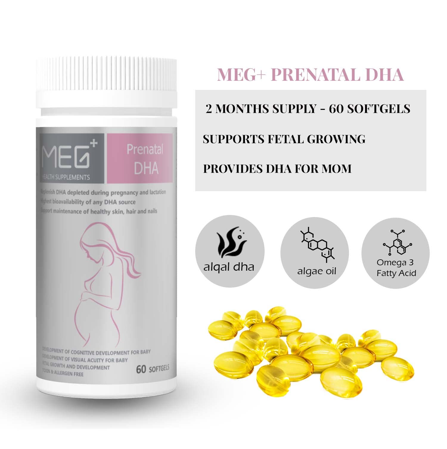 MEG+ Prenatal Supplement DHA Calcium Vitamin | 2-Month Supply 180 Counts |Omega-3 DHA Algal