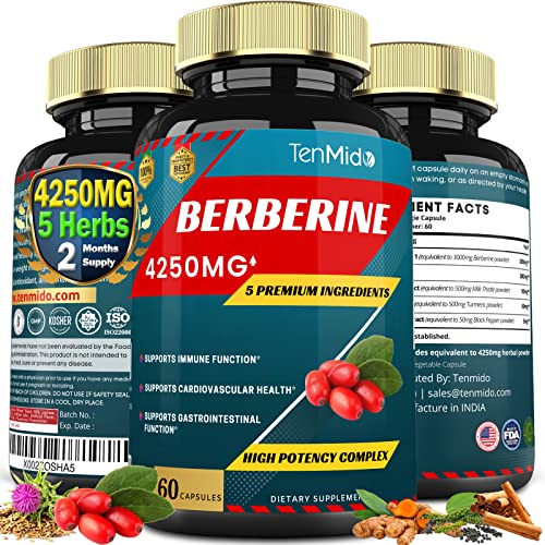 Berberine Extract Capsules 4250mg, 2 Months Supply & Ceylon, Milk Thistle, Turmeric Tenmido