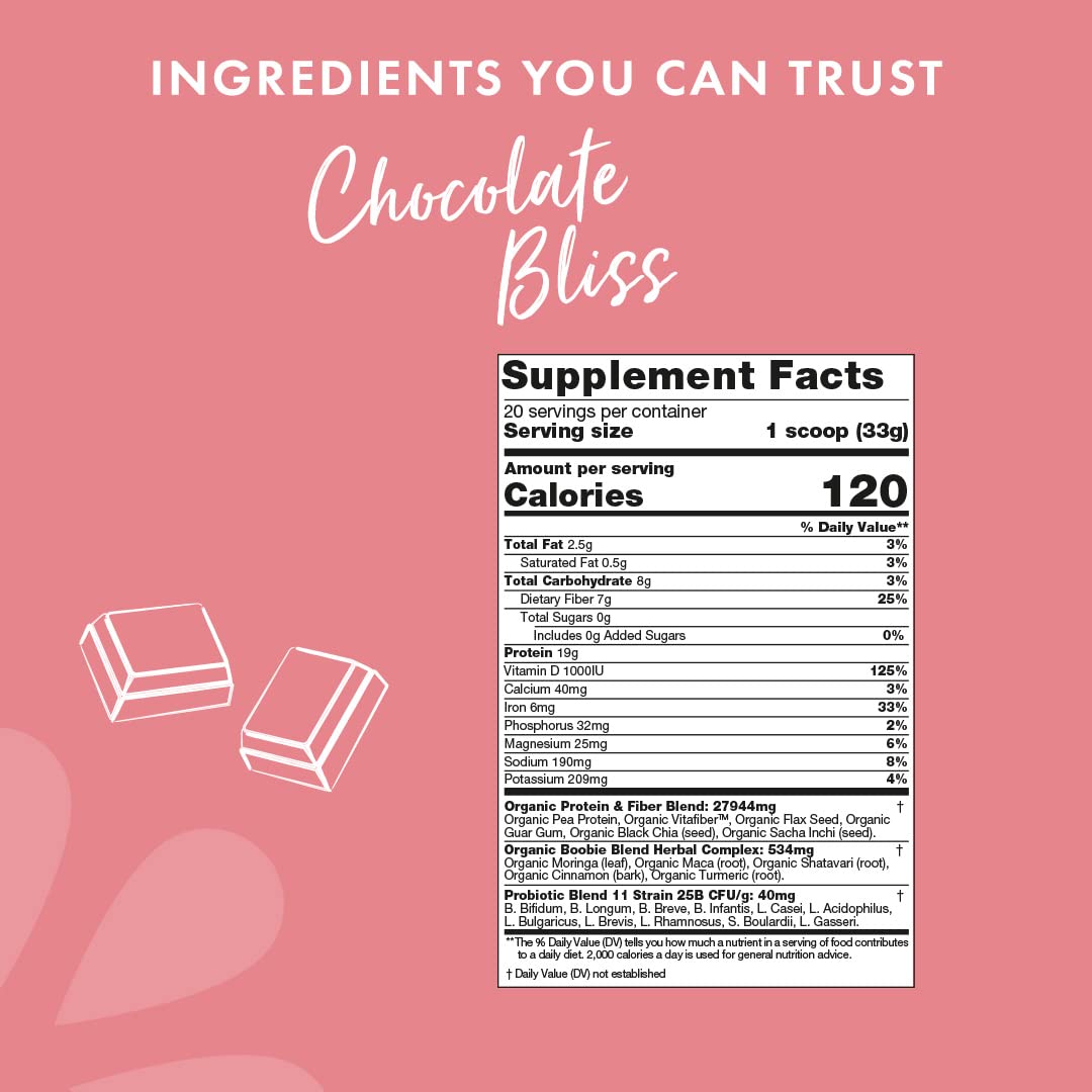 Boobie Body Organic Superfood Plant-Based Protein Shake, Chocolate Bliss, [23.4oz, 1 Tub] Boobie Brands