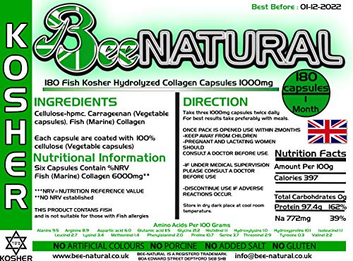 Bee-natural Kosher Pure Marine Hydrolyzed Collagen 1000mg 180 Capsules Bee-natural
