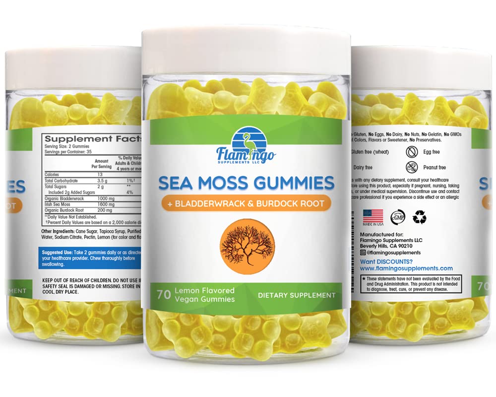 Sea Moss Gummies Plus Organic Bladderwrack and Burdock Root. Tasty Alternative to Sea Flamingo Supplements