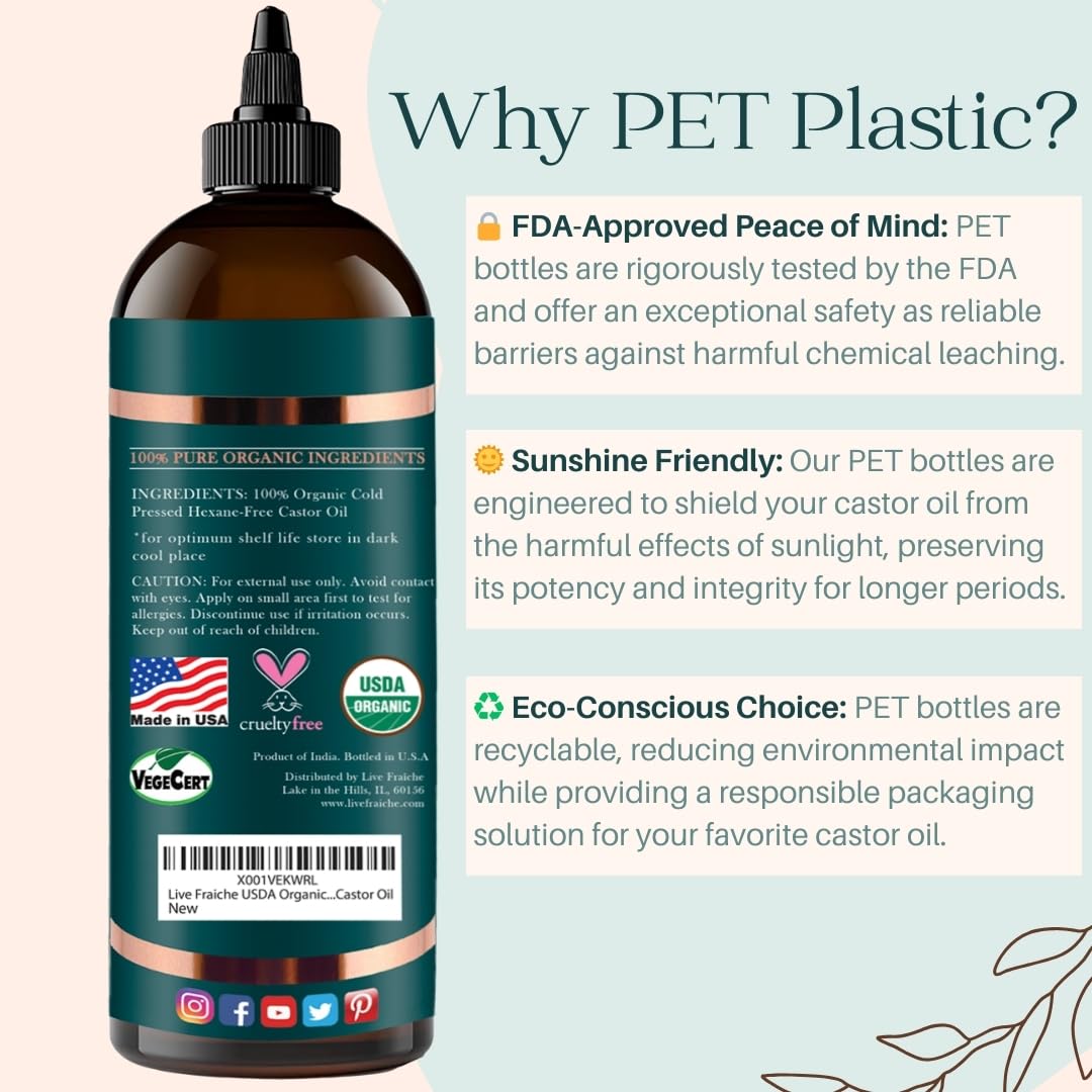 Live Fraiche USDA Organic Cold Pressed Castor Oil (16oz), 100% Pure, Hexane-Free Castor Oil Live Fraiche