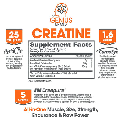 Genius Pre Workout Powder, Sour Cherry, and Genius Micronized Creatine Monohydrate Powder, Unflavored, All Natural Nootropic Pre Workout and Post Workout Supplement Stack