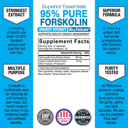 PEScience Forskolin Capsules, 95% Pure Forskolin Extract, Patented ForsLean, 60 Count PEScience