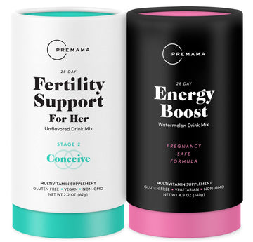Premama Prenatal Vitamin Energy Boost Drink Mix & Fertility Support Bundle, Omega 3, B Vitamins