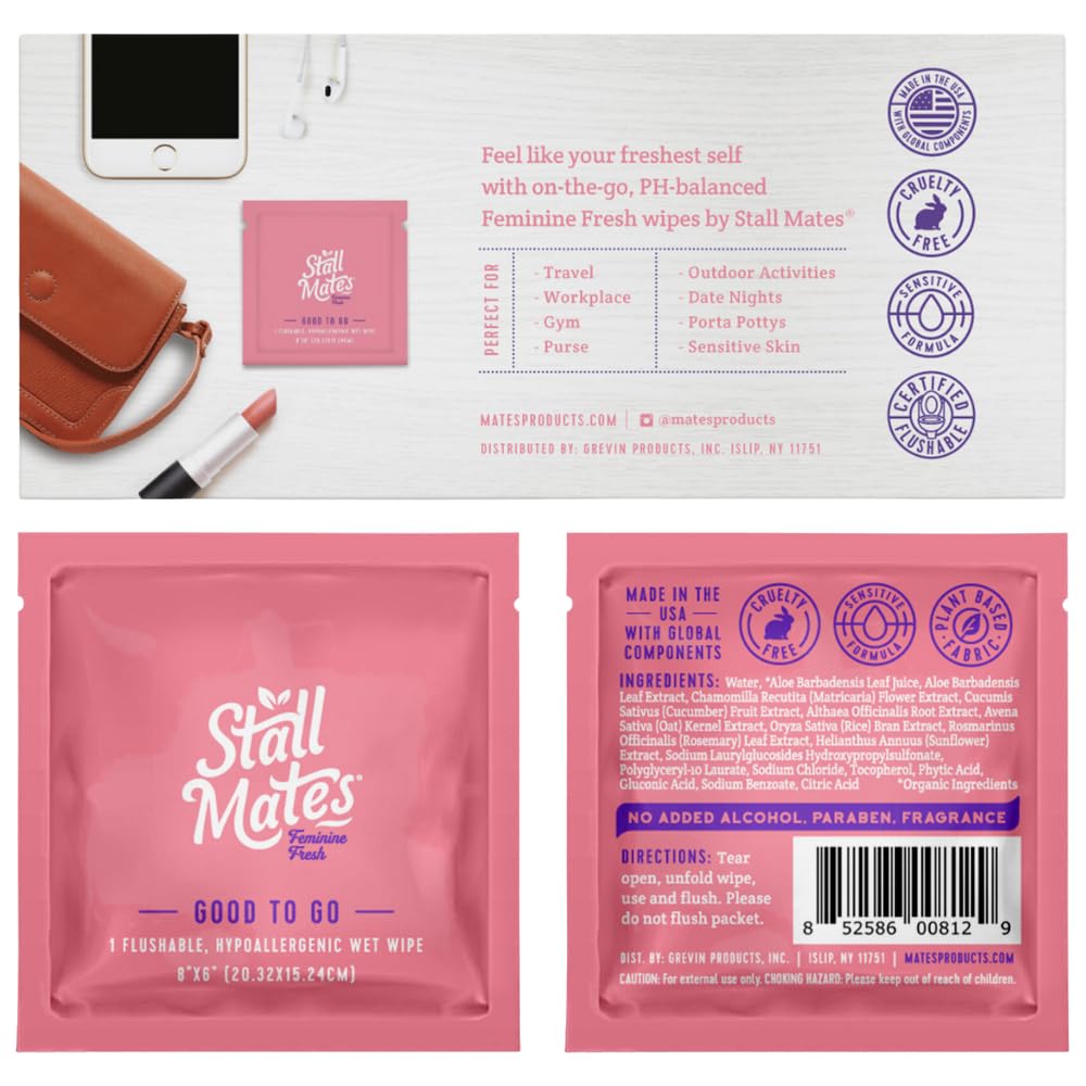 Stall Mates Wipes Feminine Fresh - Flushable | Individually Wrapped Cleansing Travel Friendly PH Stall Mates Wipes