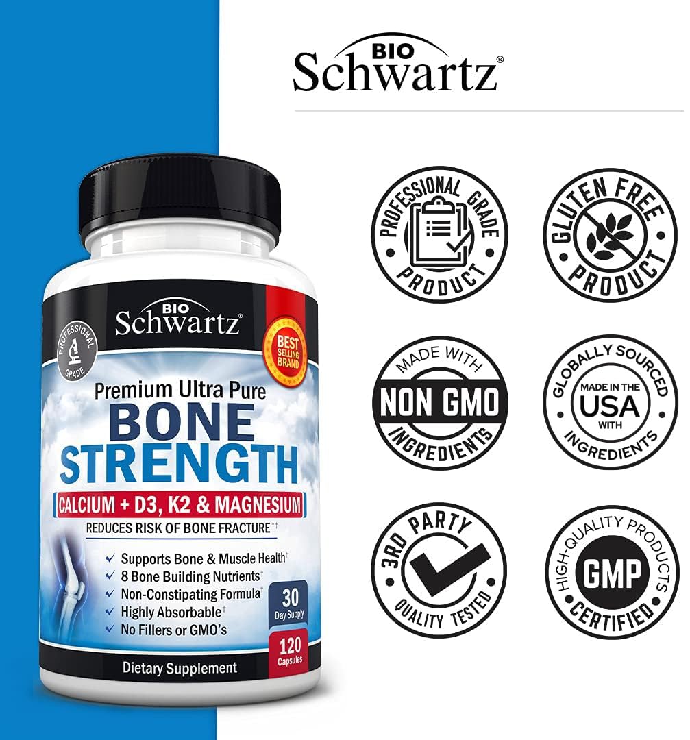 Bone Strength Supplement with Calcium + D3, K2 & Magnesium - Highly Absorbable 