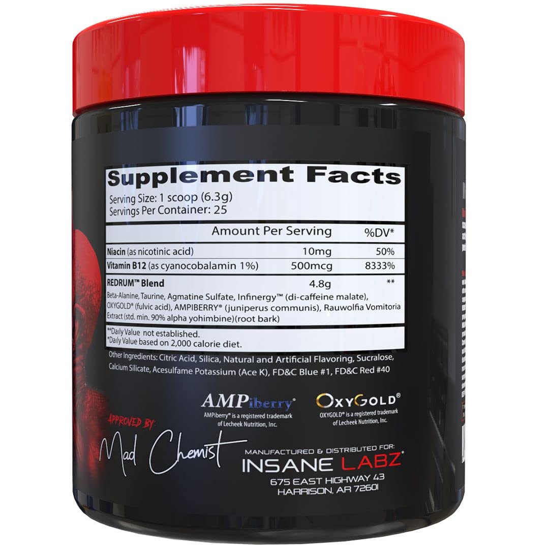 Insane Labz Redrum High Stim Pre Workout NO Booster Powder, Loaded with Beta Alanine
