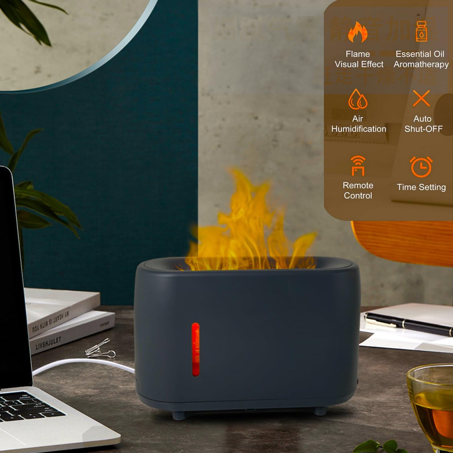 Flame Diffuser Humidifier 240ML for Essential Oils, Smart Timing with 7 Changeable Colors, Dual Mist