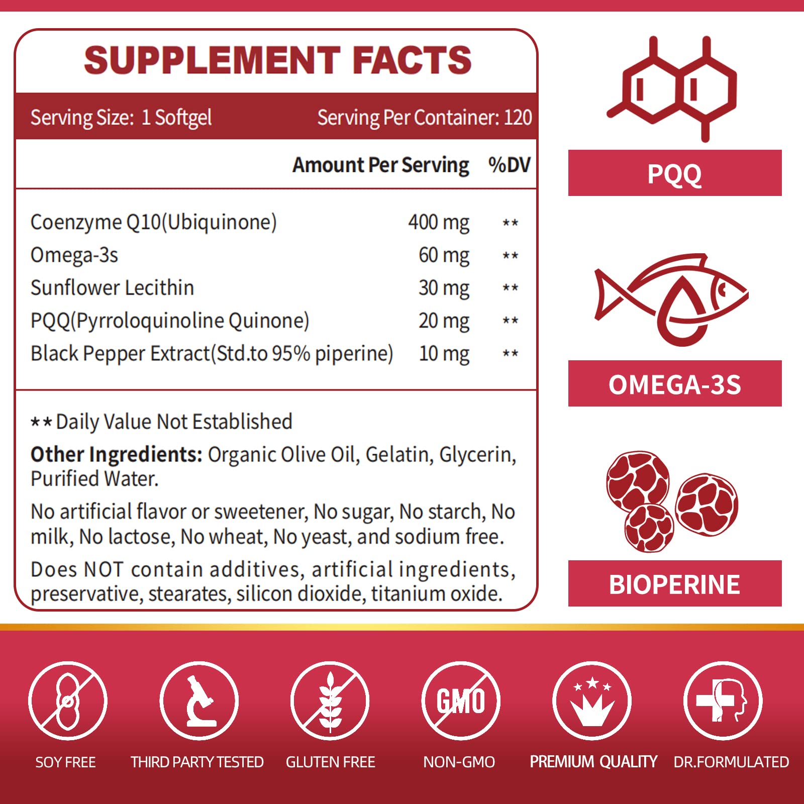 CoQ10-400mg-Softgels with PQQ, BioPerine & Omega-3, Coenzyme Q10(Ubiquinone) ZEBORA
