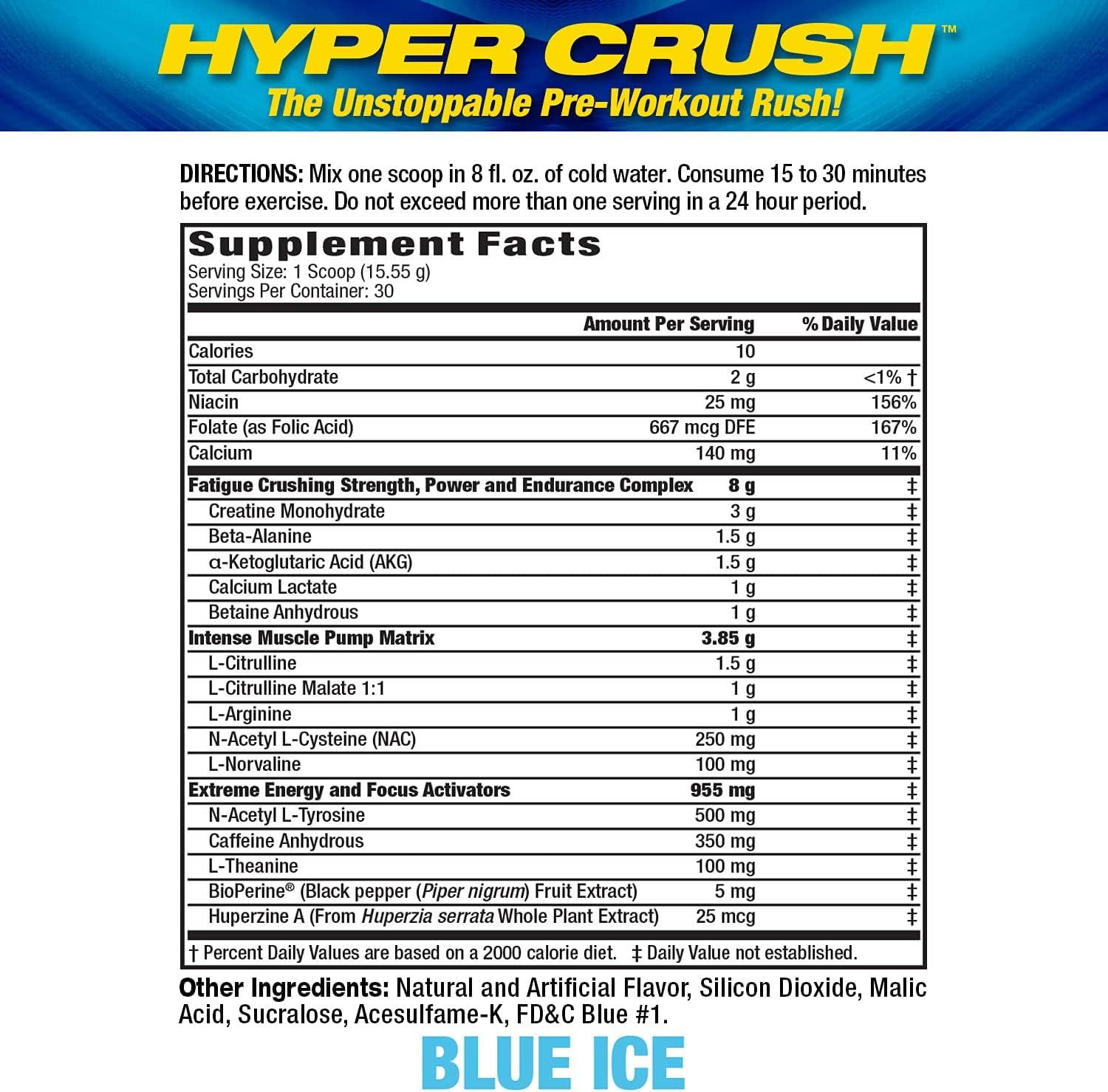 Maximum Human Performance MHP HYPER CRUSH Pre Workout energy drink creatine beta alanine nitric oxide pump citrulline AKG 30 Servings, Blue Ice, 14.88 Ounce