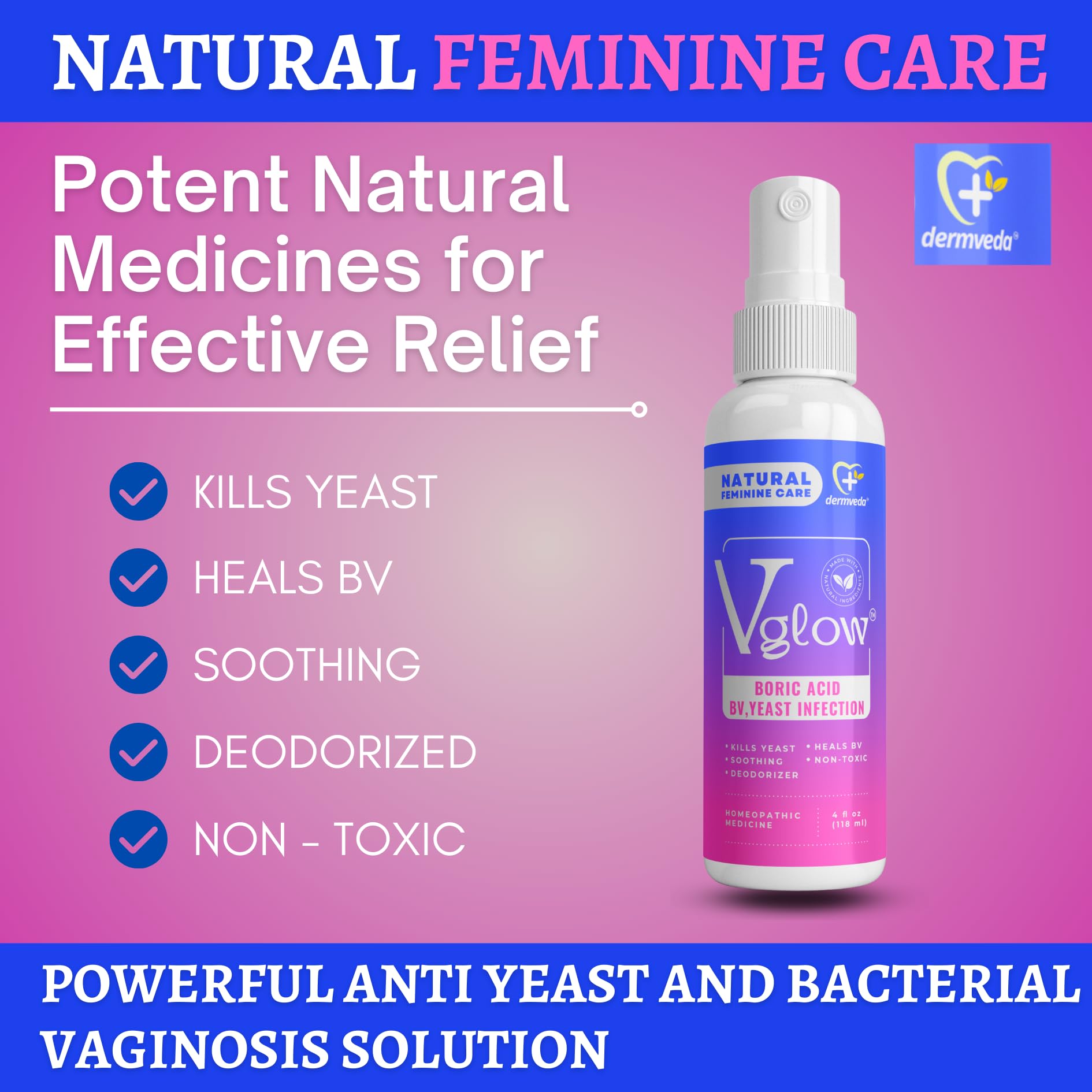 Dermveda Boric Acid BV Relief for Women - Natural Yeast Infection, Odor, Itch Relief Solution Dermveda