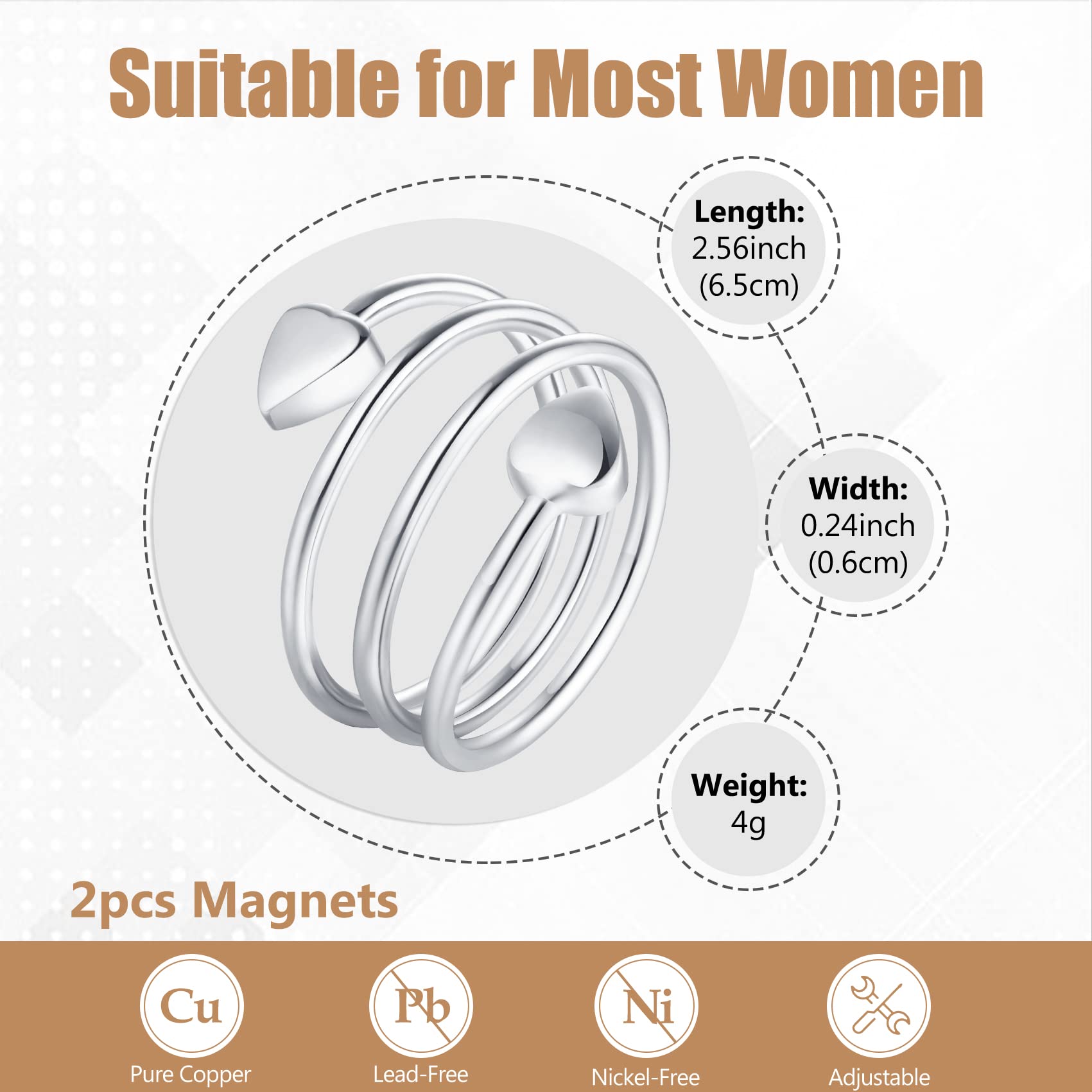 Jecanori Copper Rings for Women,Magnetic Ring Adjustable Love Heart Copper Rings Jecanori