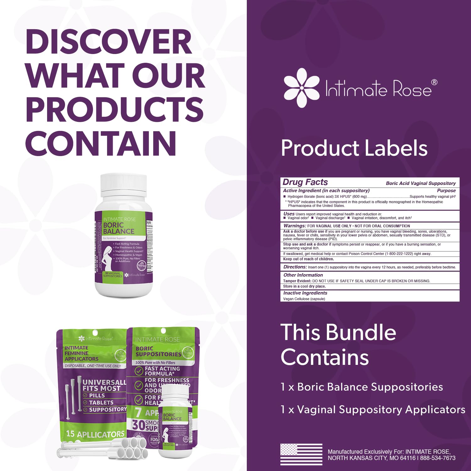 Save 10% on Boric Acid Vaginal Suppositories - 30 Count (600mg) + 7 Applicators and 15 Additional Intimate Rose