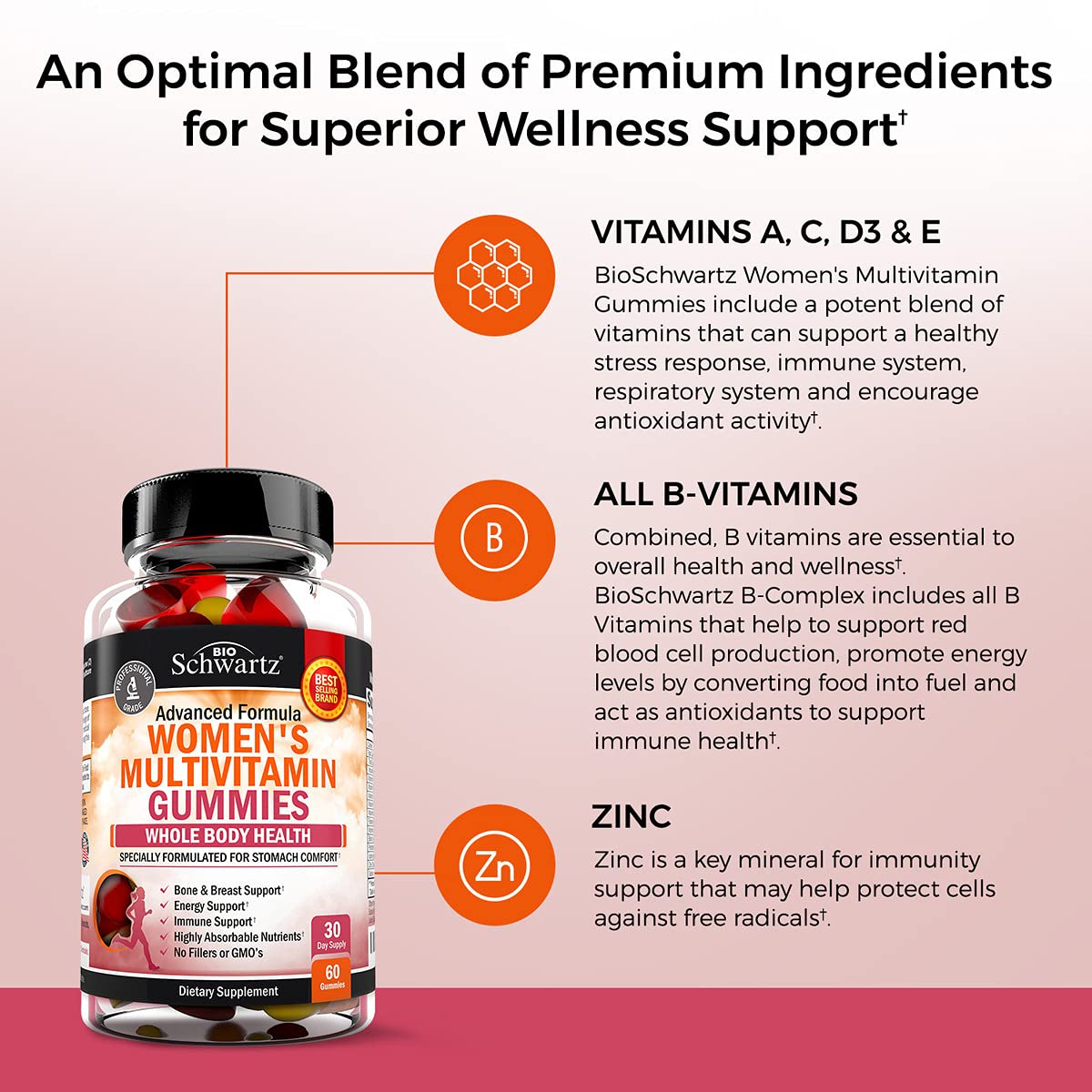 Women's Multivitamin Gummies with A C B6 B12 D & E Vitamins for Immune Support