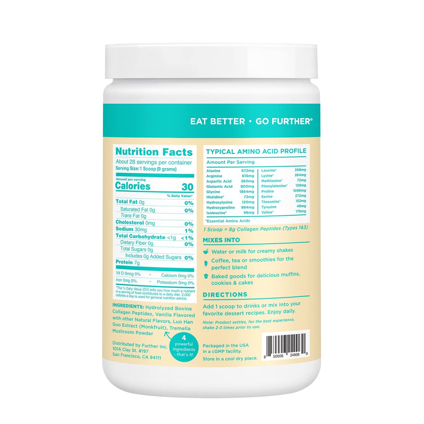 Further Food Collagen Peptides Powder Vanilla Flavored Keto Grass-Fed Collagen Type