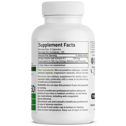 Bronson Ginkgo Biloba Extra Strength 125mg (4:1 Extract) Equivalent to 500mg