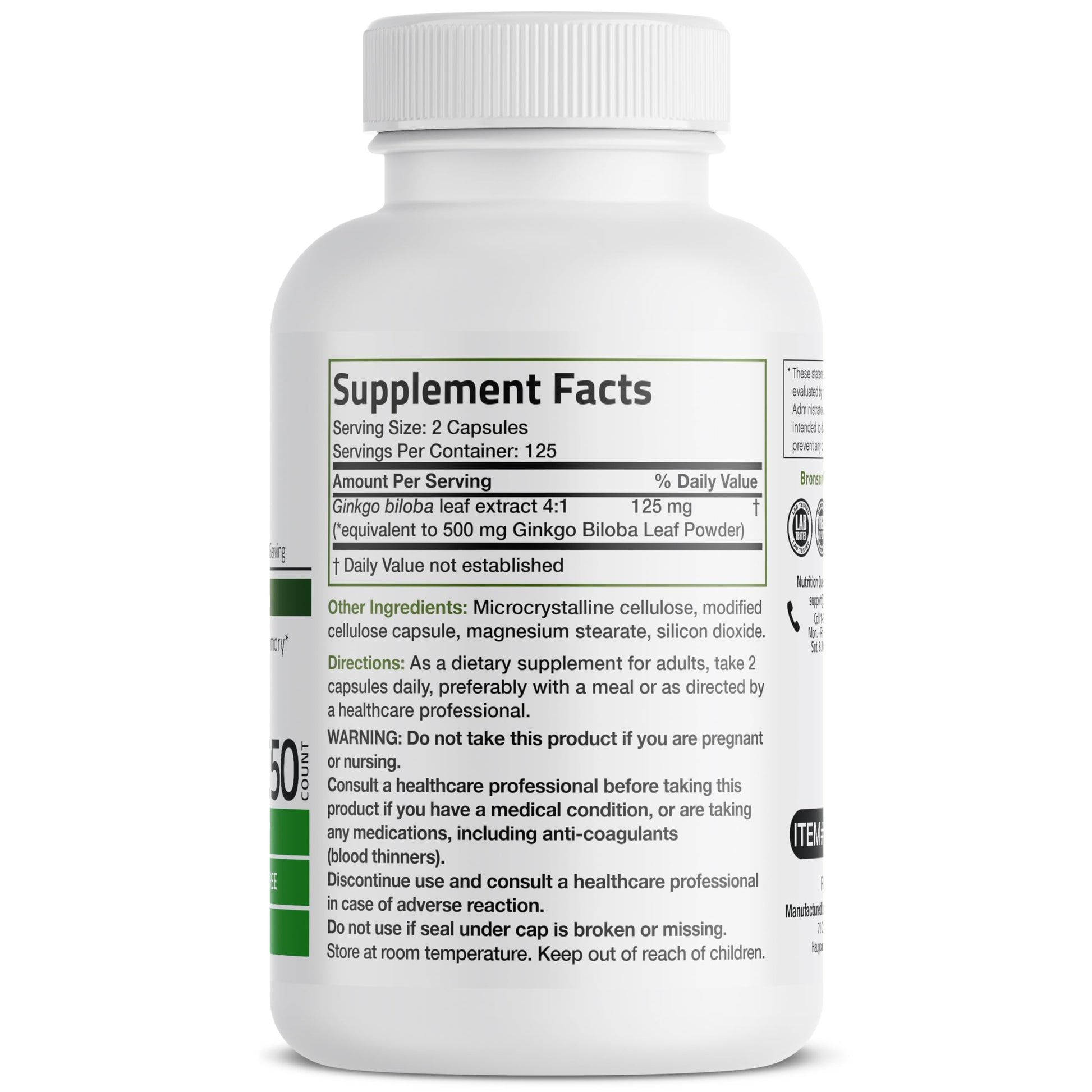 Bronson Ginkgo Biloba Extra Strength 125mg (4:1 Extract) Equivalent to 500mg Bronson