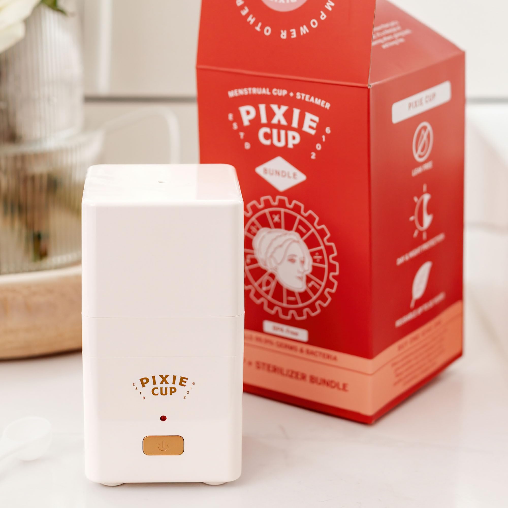 Pixie Menstrual Cup Sterilizer Cleaner Machine - The Only Hinged Lid Steamer & Drying Stand Pixie Cup