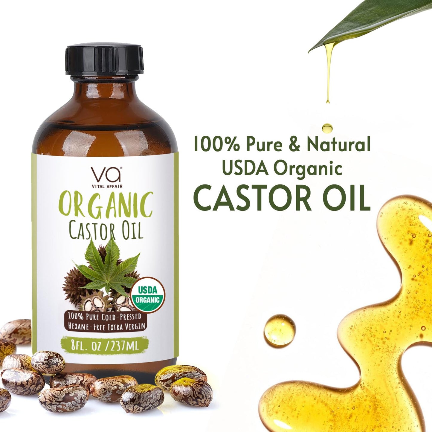 VITAL AFFAIR Castor Oil Organic Cold Pressed Unrefined Glass Bottle- USDA Certified Organic Castor Oil