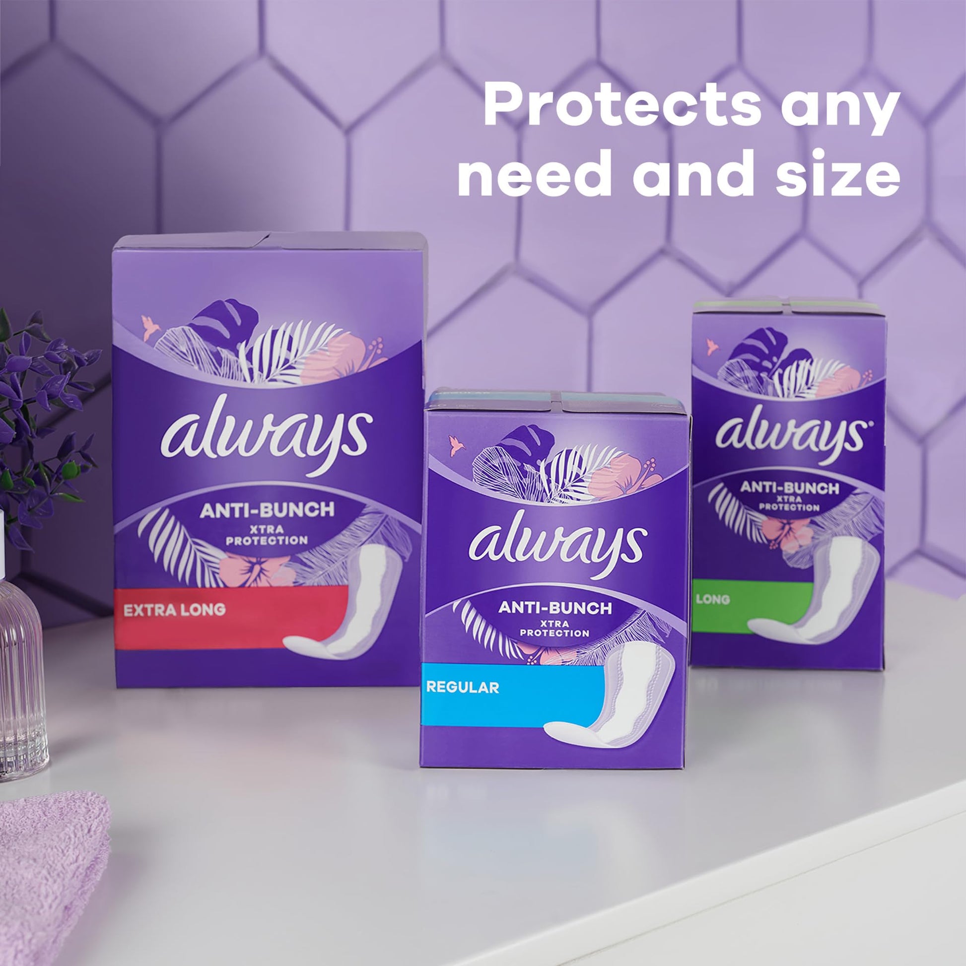 Always Anti-Bunch Xtra Protection Daily Liners, Regular Length, Unscented, 34 Count x 4 Always