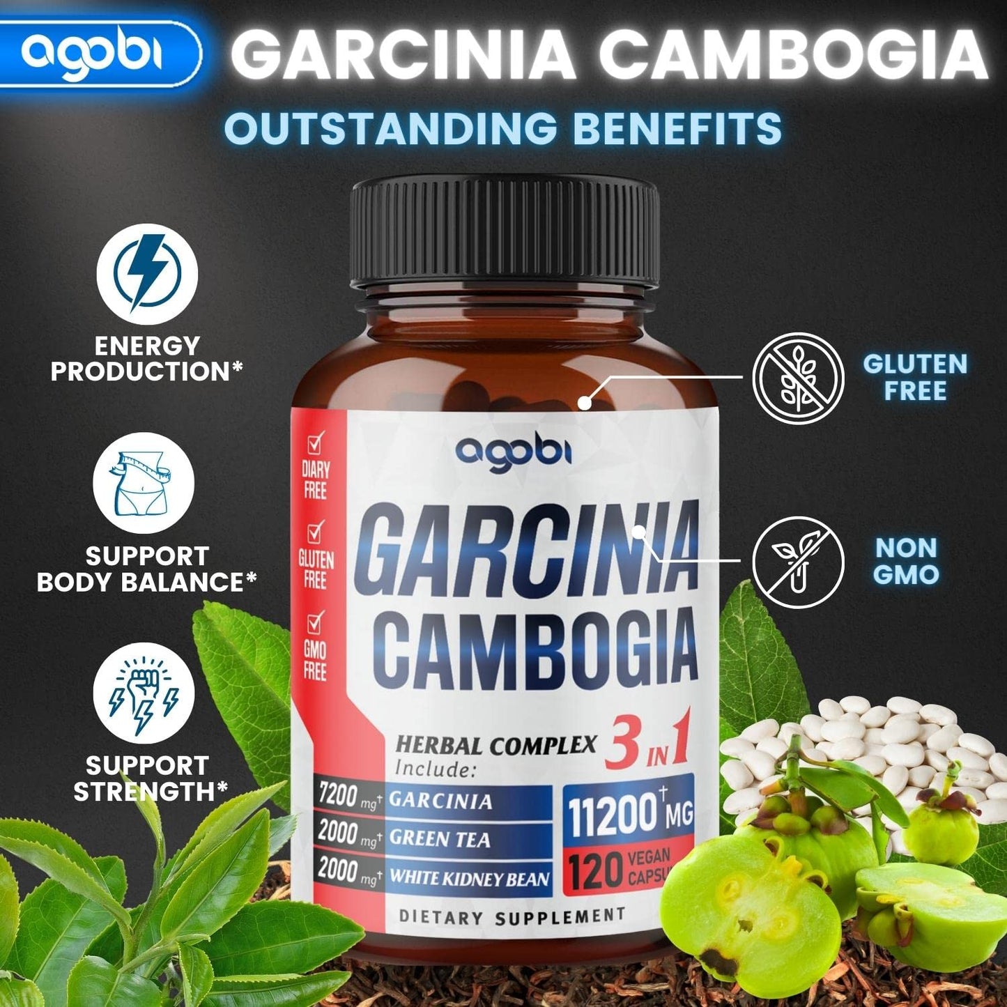 agobi 3in1 Garcinia Cambogia Extract Capsules - 11200mg Herbal Supplement for Body Health