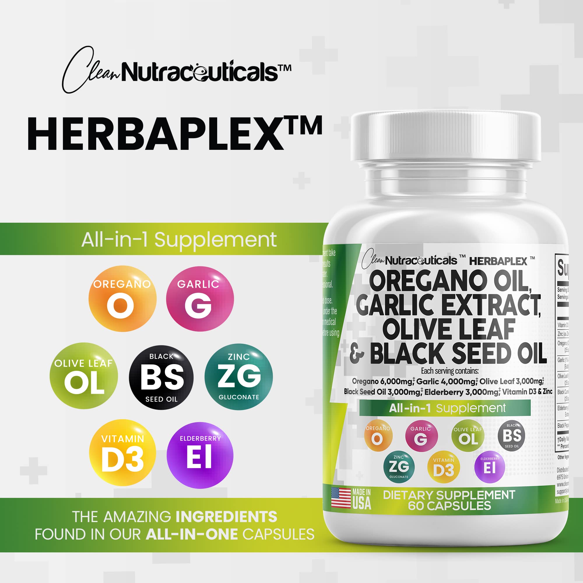 Oregano Oil 6000mg Garlic Extract 4000mg Olive Leaf 3000mg Black Seed