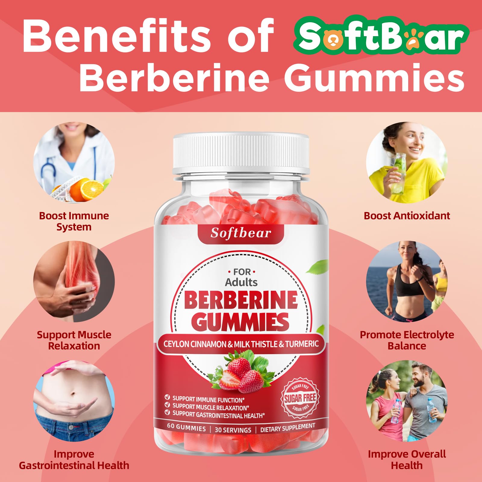 softbear Berberine with Ceylon Cinnamon Gummies-99% Purity Berberine HCL Supplements softbear
