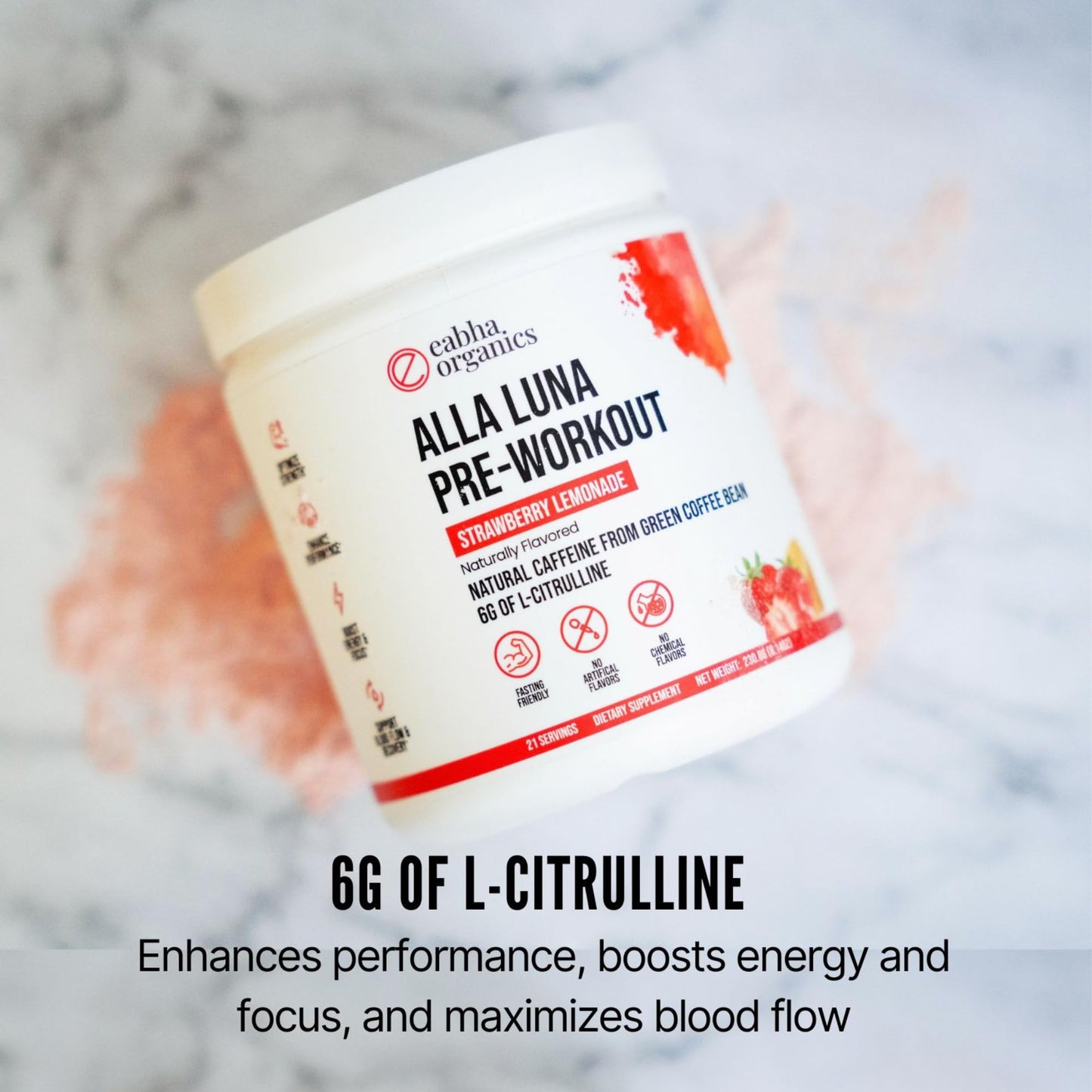 Eabha Organics Alla Luna Pre-Workout - Strawberry Lemonade - to Support Energy, Focus, and Stamina - Increase Blood Flow for a Better Pump - 21-Day Supply - 1 Scoop per Serving