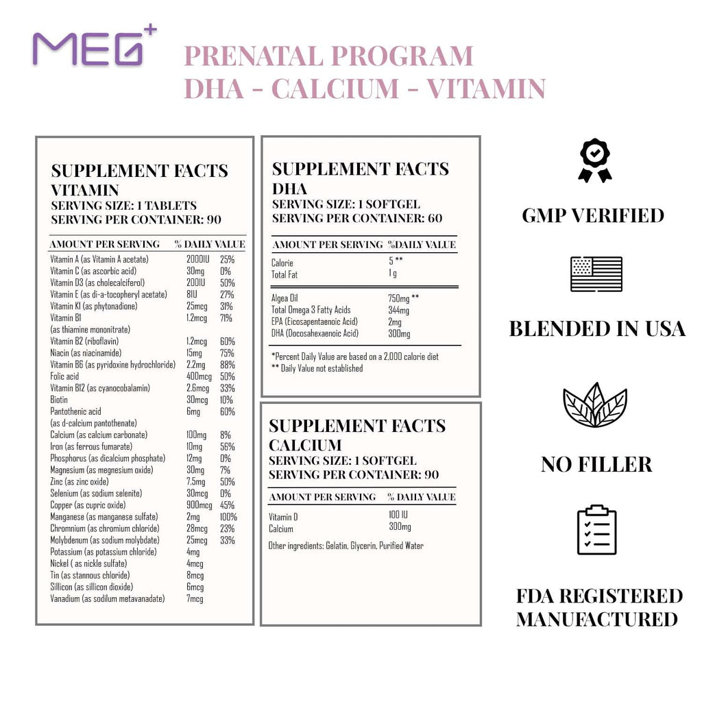 MEG+ Prenatal Supplement DHA Calcium Vitamin | 2-Month Supply 180 Counts |Omega-3 DHA Algal