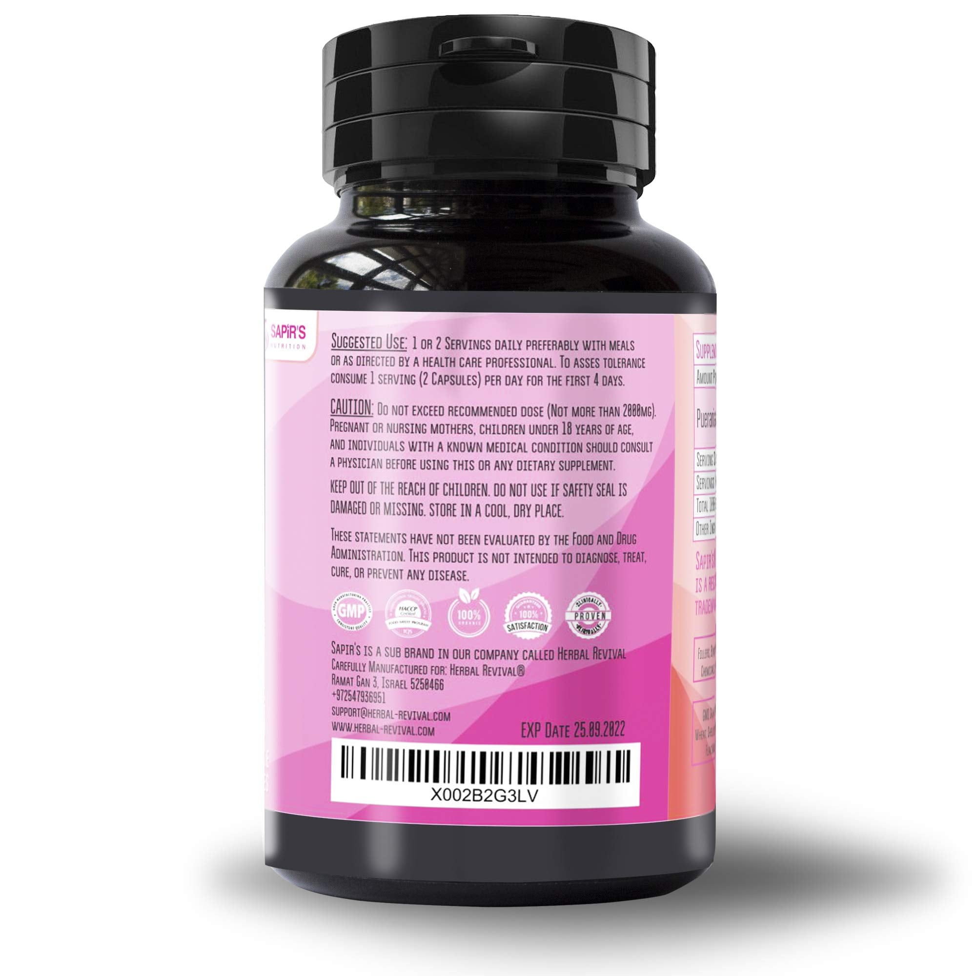 Pueraria Mirifica Capsules 2000mg Daily - Breast Enhancement Pills and Estrogen Supplement Sapir's Nutrition